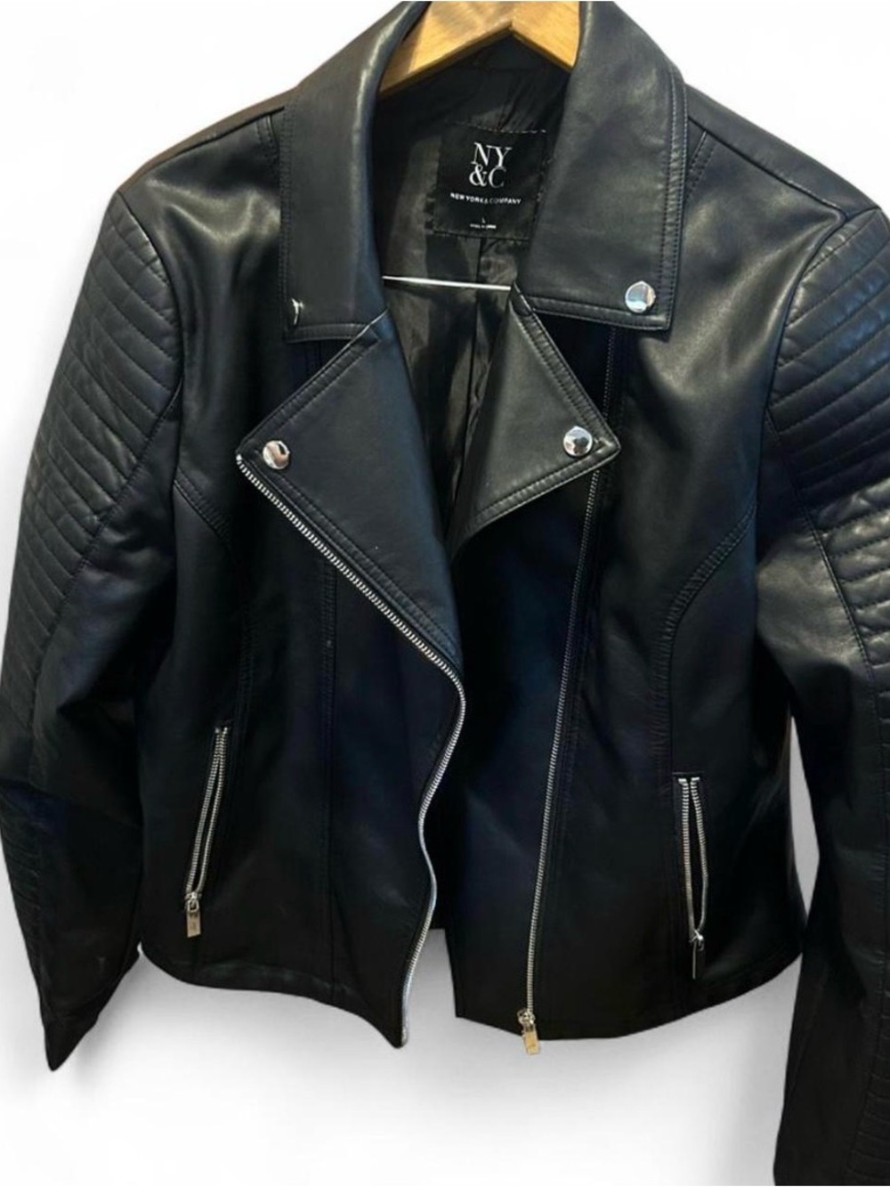 New York & Company Black Faux Leather Moto Jacket with Quilted Sleeves